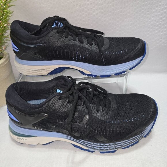 WOMENS ASICS GEL-KAYANO 25 RUNNING SHOES FLYTE FOAM BLACK BLUE SIZE 7.5 EUC - Picture 2 of 11